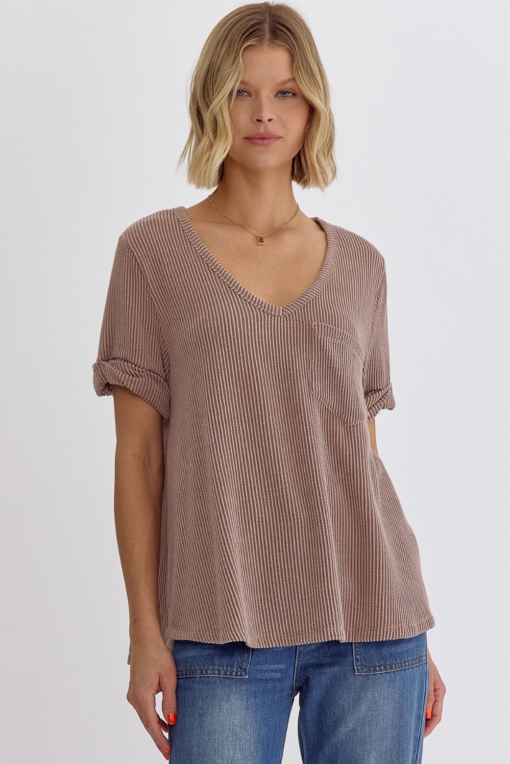 V Neck Short Sleeve Top w/ Rolled Sleeve Hem