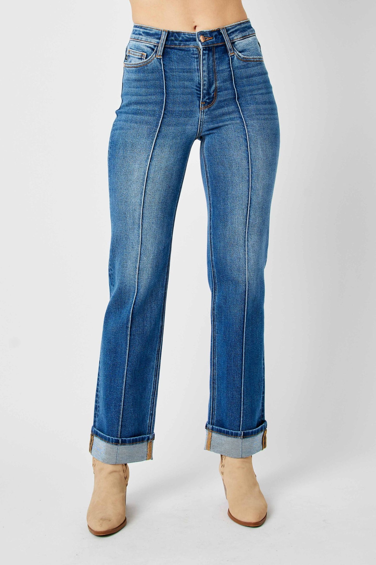 High Waisted Cuffed Jeans w/ Front Seam
