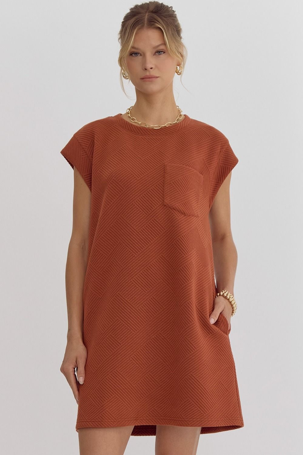 Textured Round Neck Sleeveless Mini Dress w/ Pocketsg