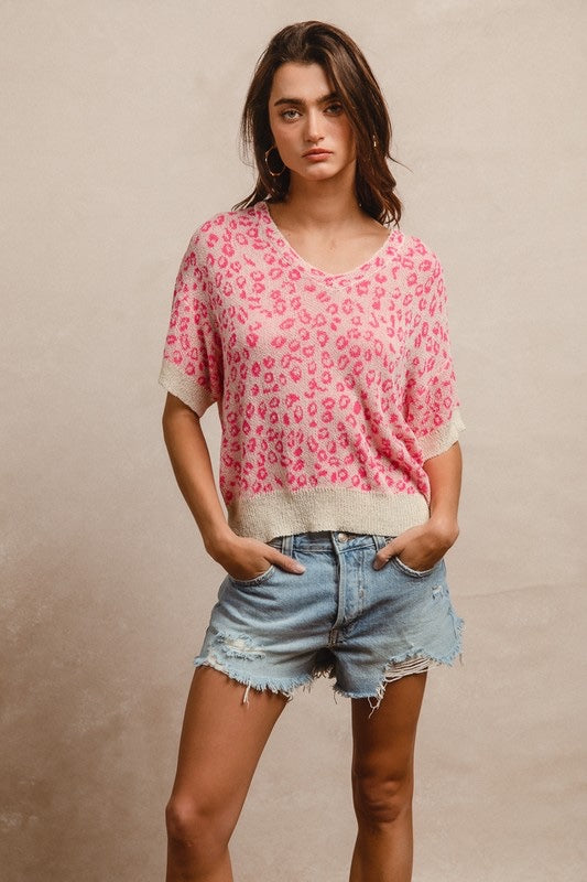 Leopard patterns with contrast edge detail v neck knit top