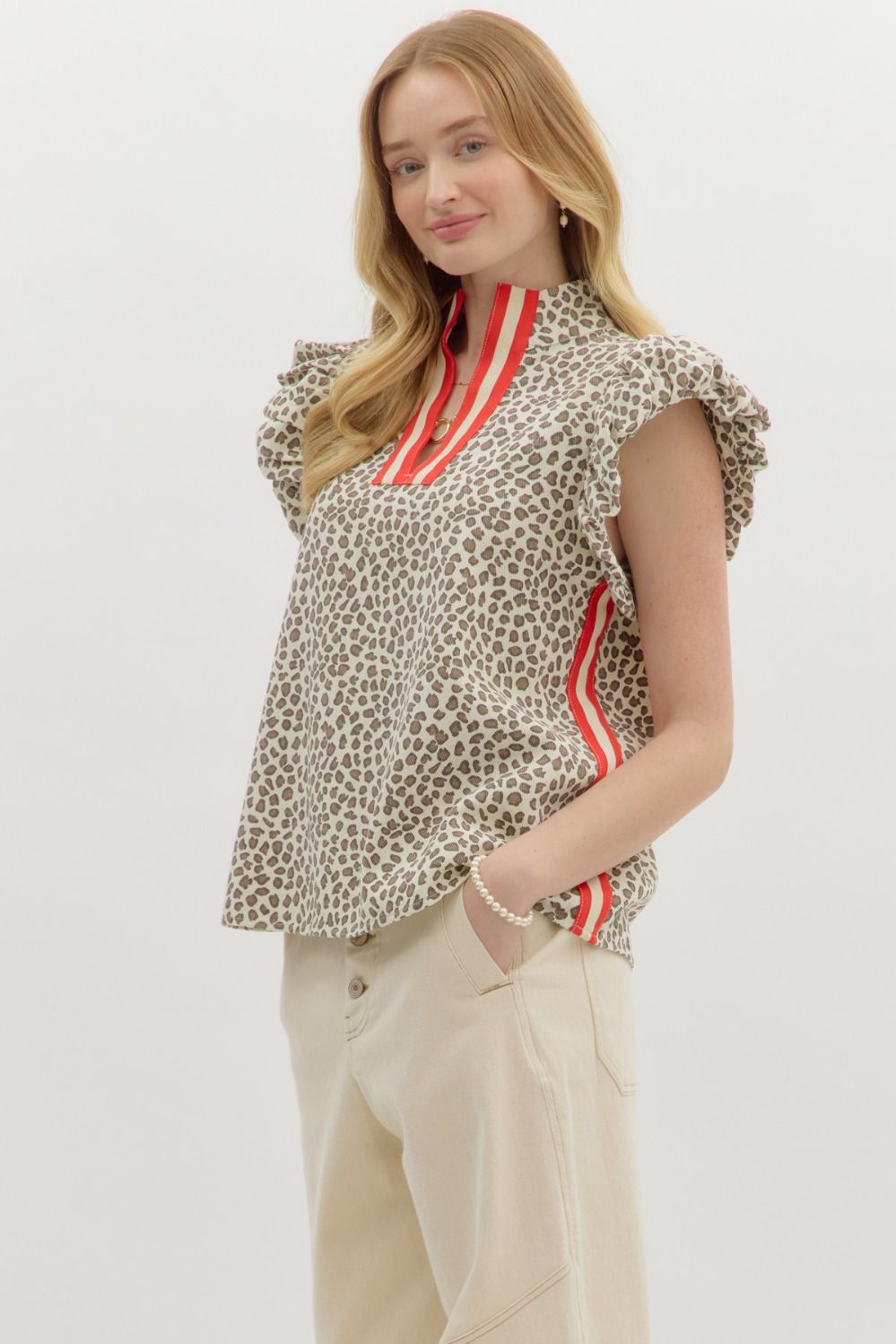 Leopard print bubble flutter sleeve pullover top w/ multicolor slit neck high band collar & side