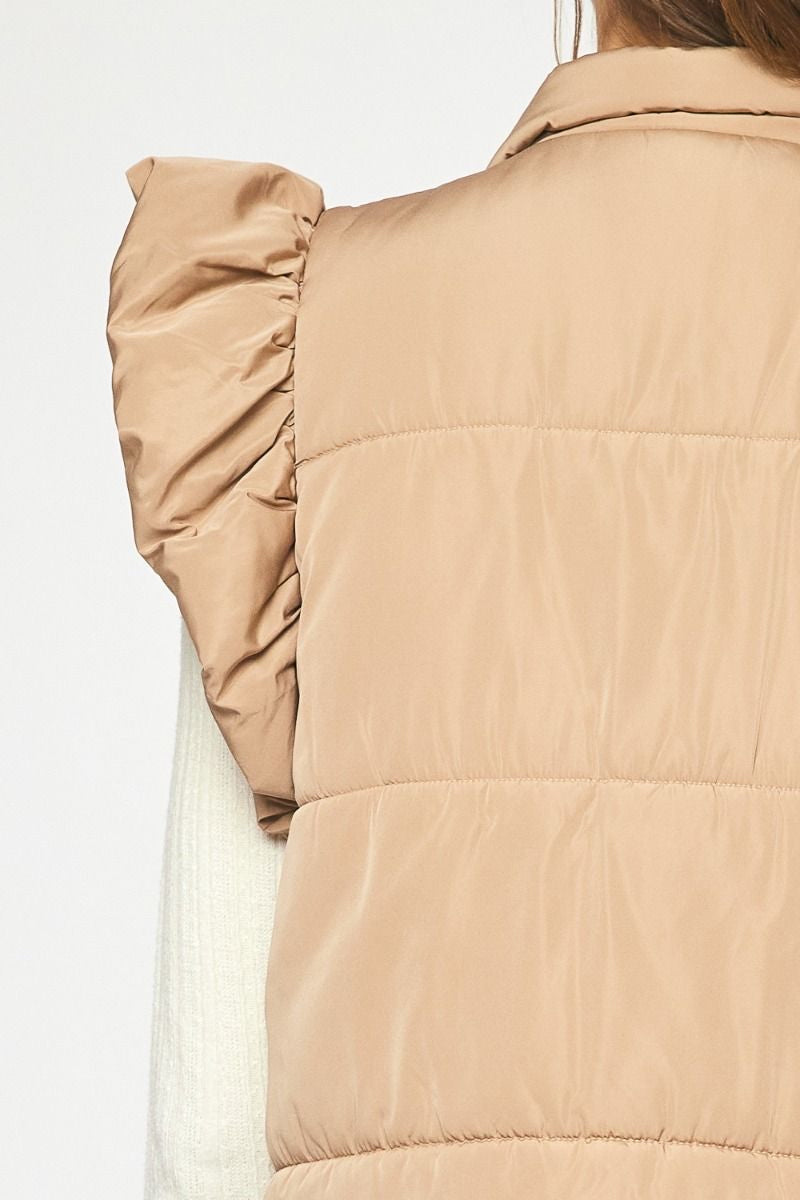 Solid Quilted Collared Button Up Vest w/ Quilted Ruffle at Shoulders w/ Pockets