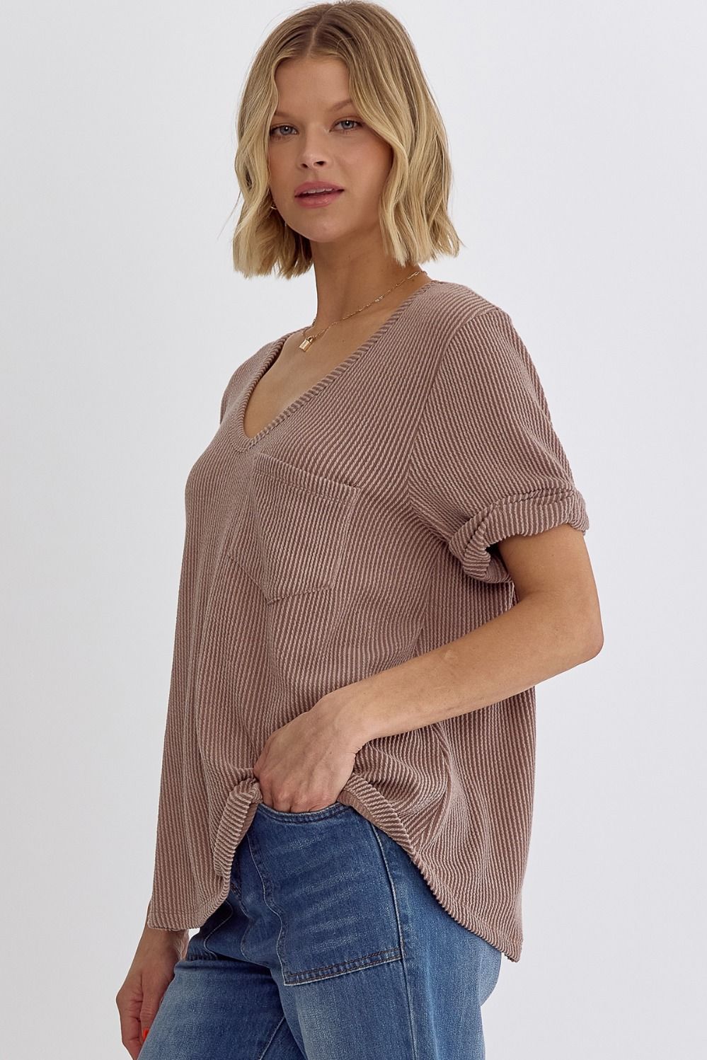 V Neck Short Sleeve Top w/ Rolled Sleeve Hem