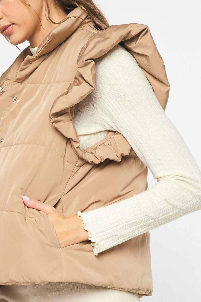 Solid Quilted Collared Button Up Vest w/ Quilted Ruffle at Shoulders w/ Pockets