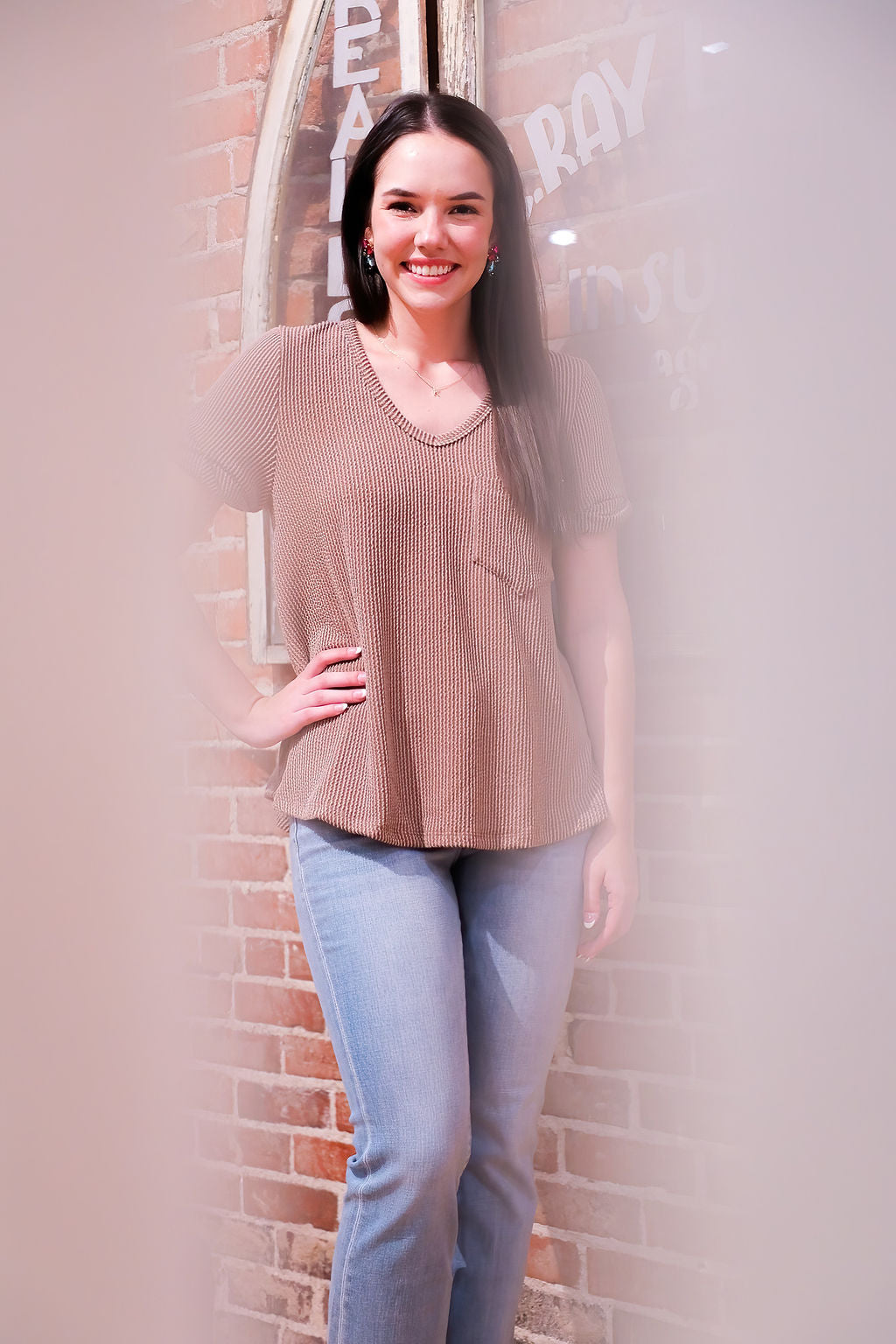 V Neck Short Sleeve Top w/ Rolled Sleeve Hem