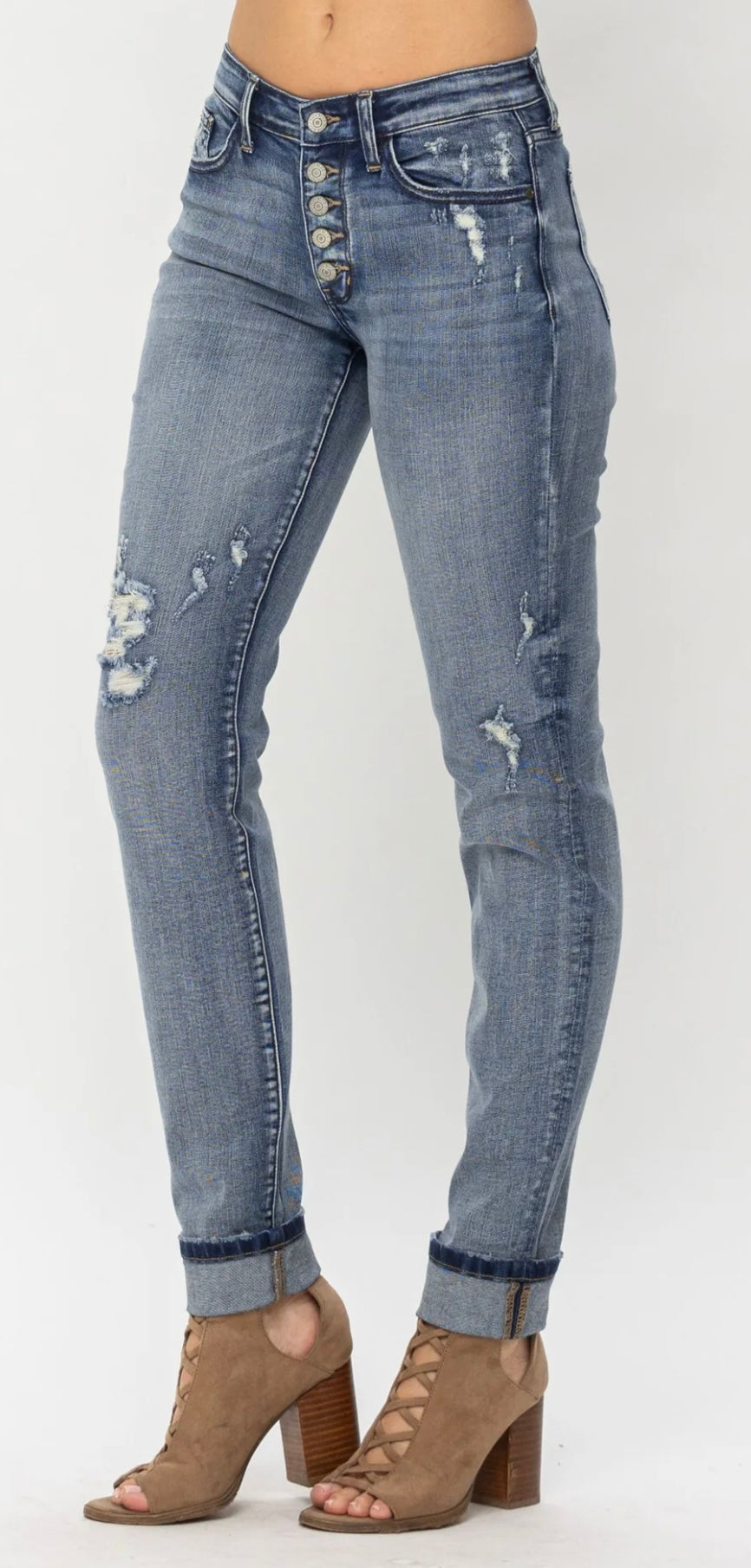 Judy Blue Mid Rise Button Fly Contrast Wash & Cuff Options BF