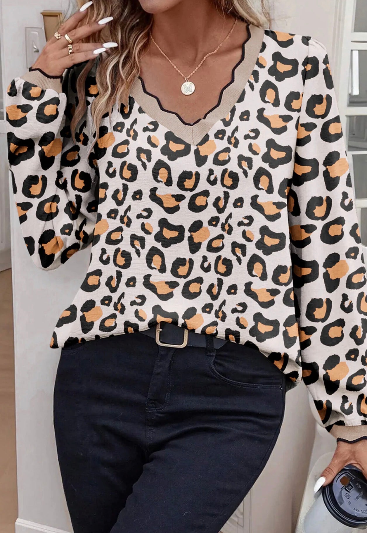 Leopard Print Long Sleeve Contrast V Neck Blouse