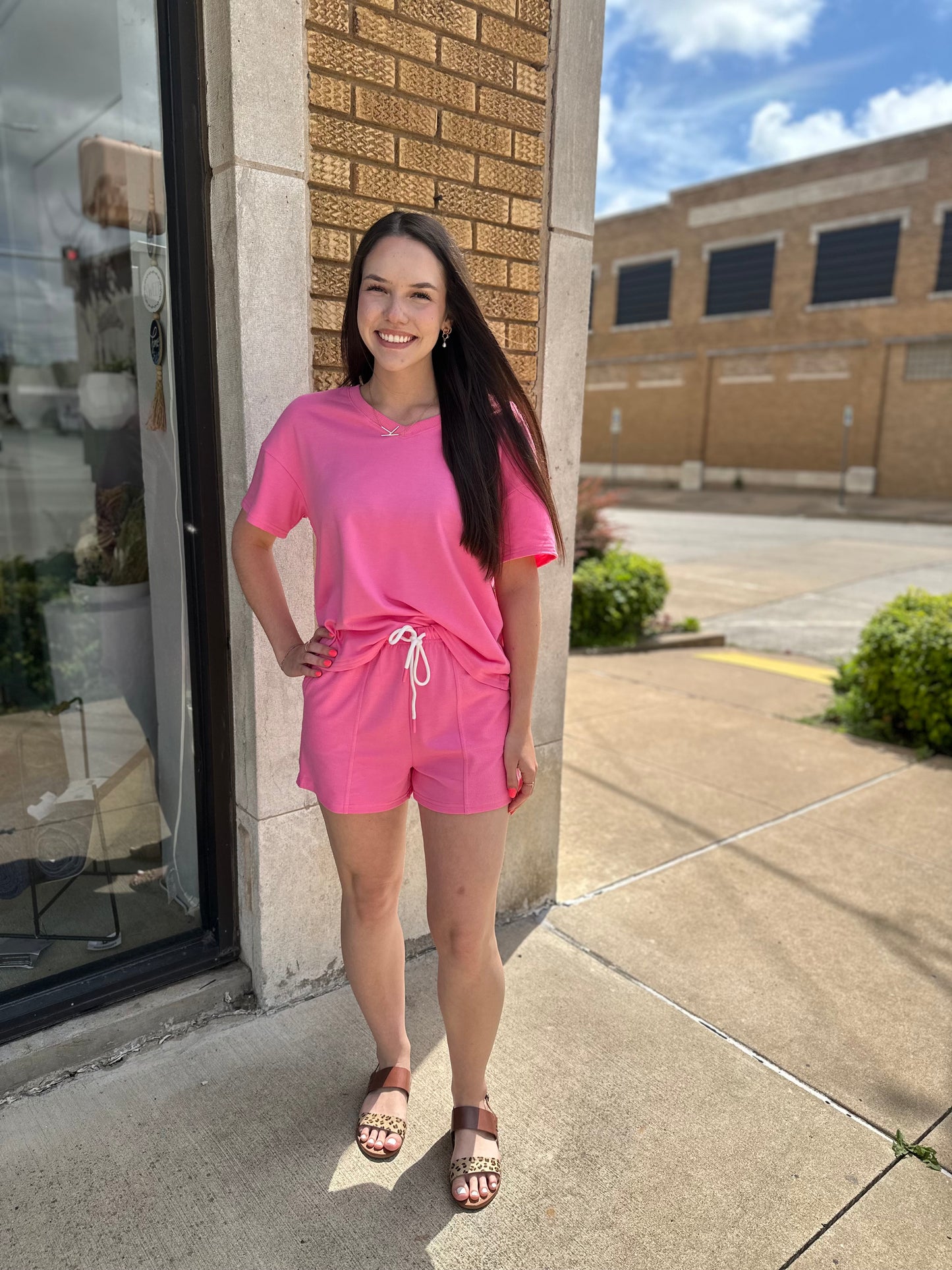 Pink v-neck drop shoulder tee and patchwork drawstring shorts set