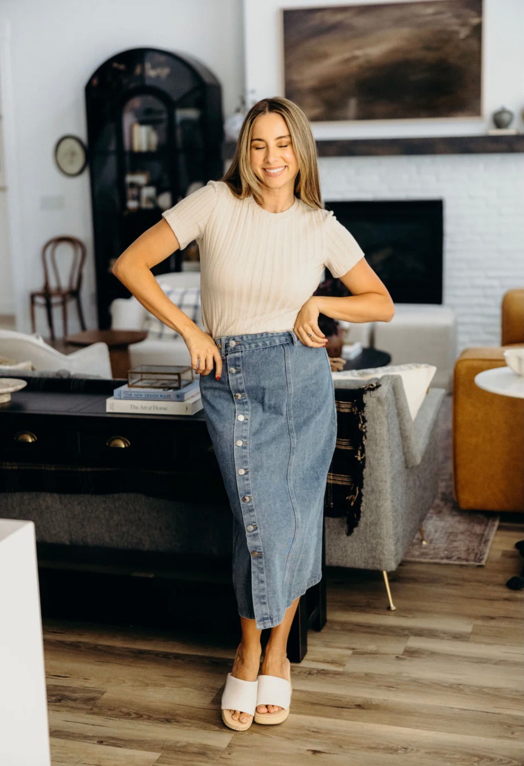 Button front denim skirt in medium wash