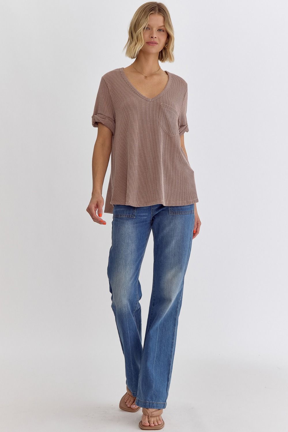 V Neck Short Sleeve Top w/ Rolled Sleeve Hem
