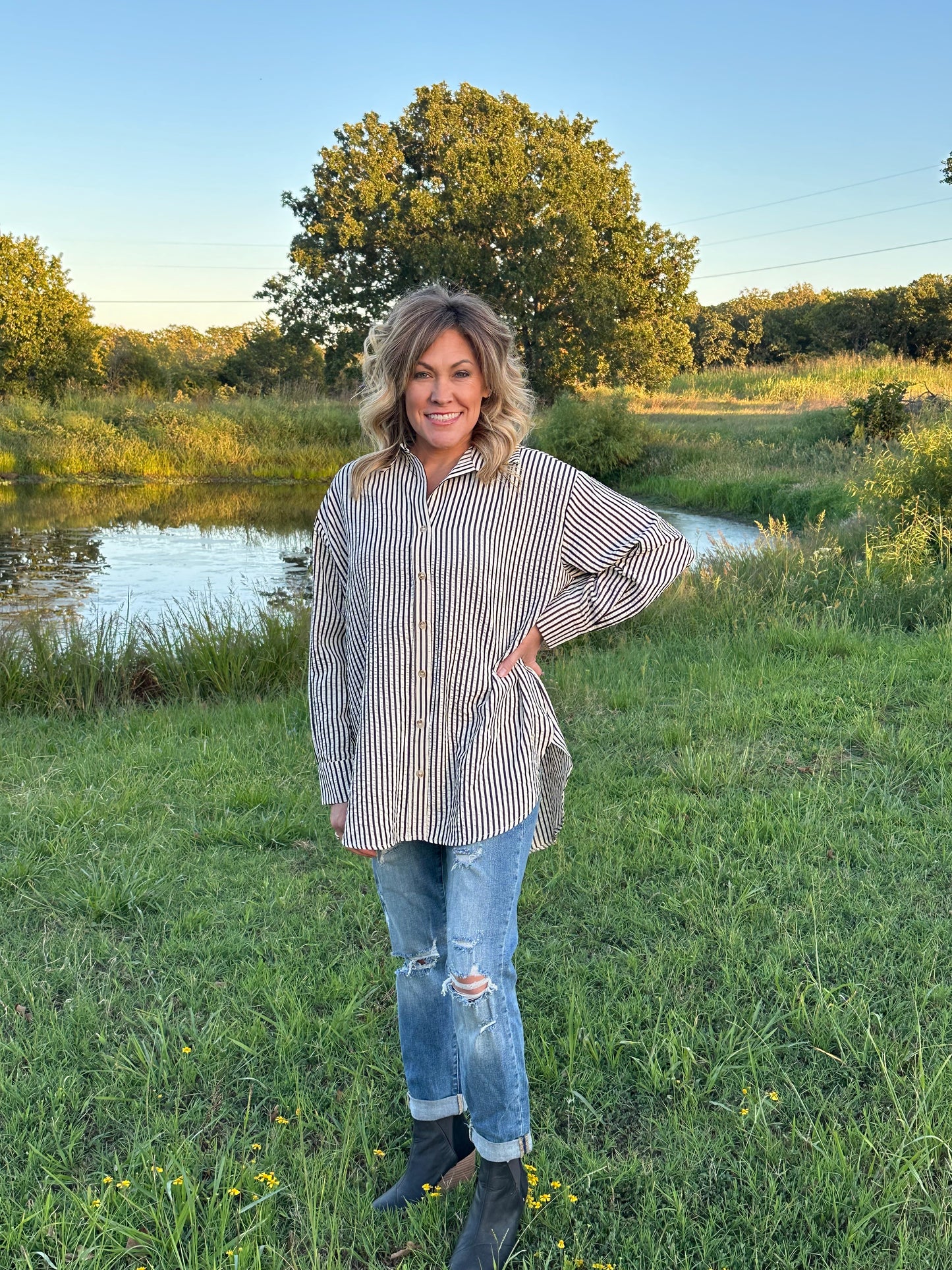 Stripe Collared Button Up Long Sleeve Oversized Top w/ Hi-Low Hem