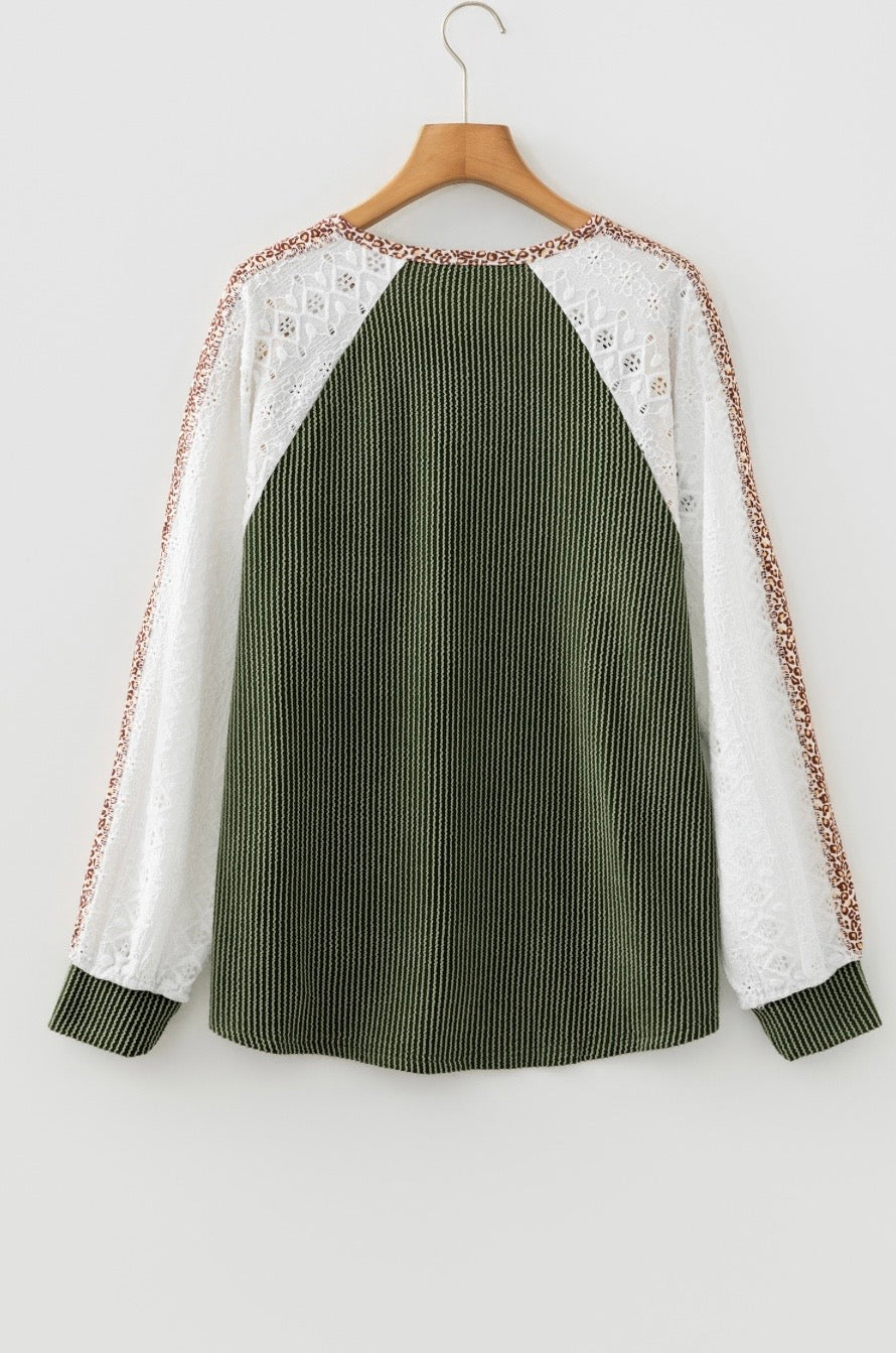 Vineyard Green Twisted Ribbed Leopard Lace Contrast Patchwork Long Sleeve Top