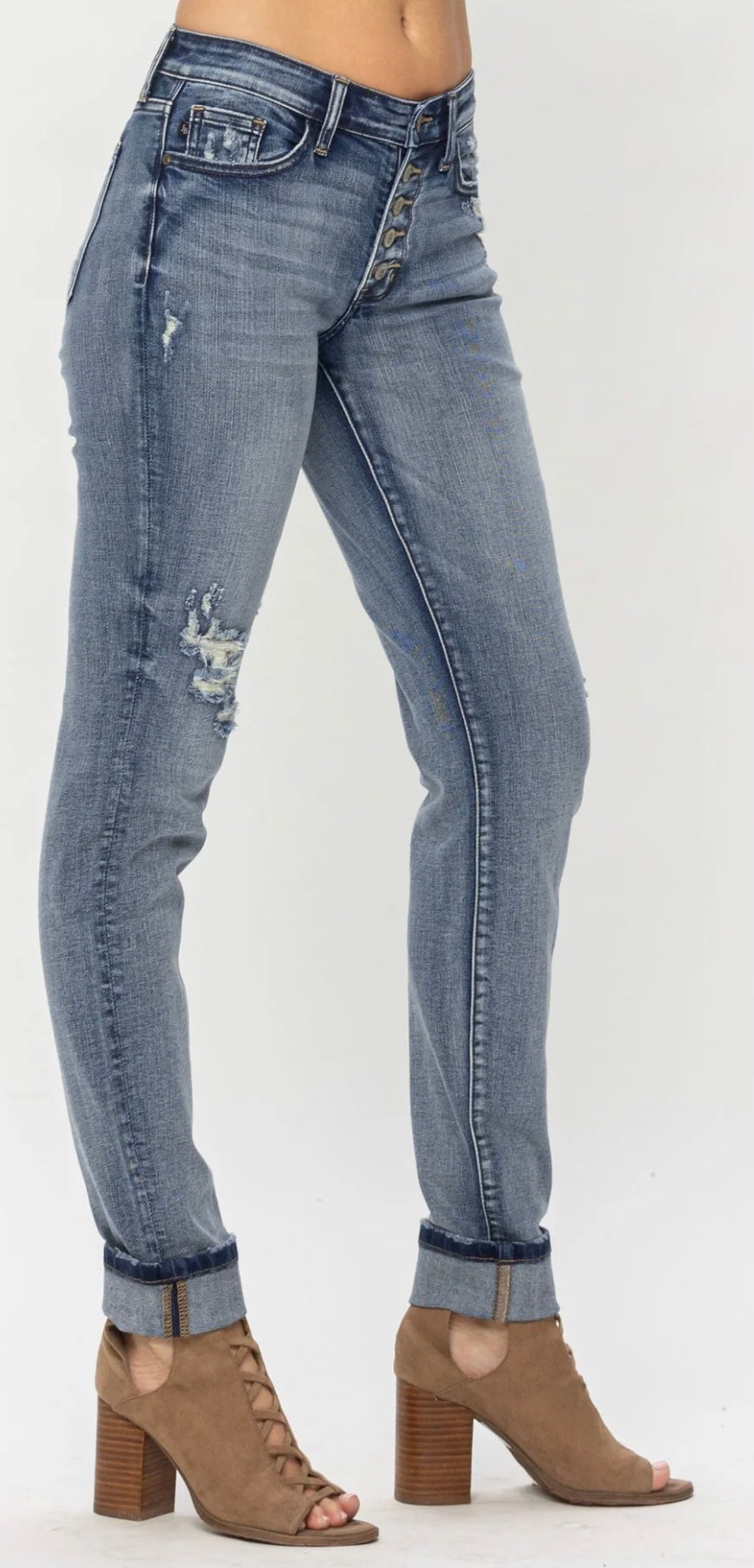 Judy Blue Mid Rise Button Fly Contrast Wash & Cuff Options BF
