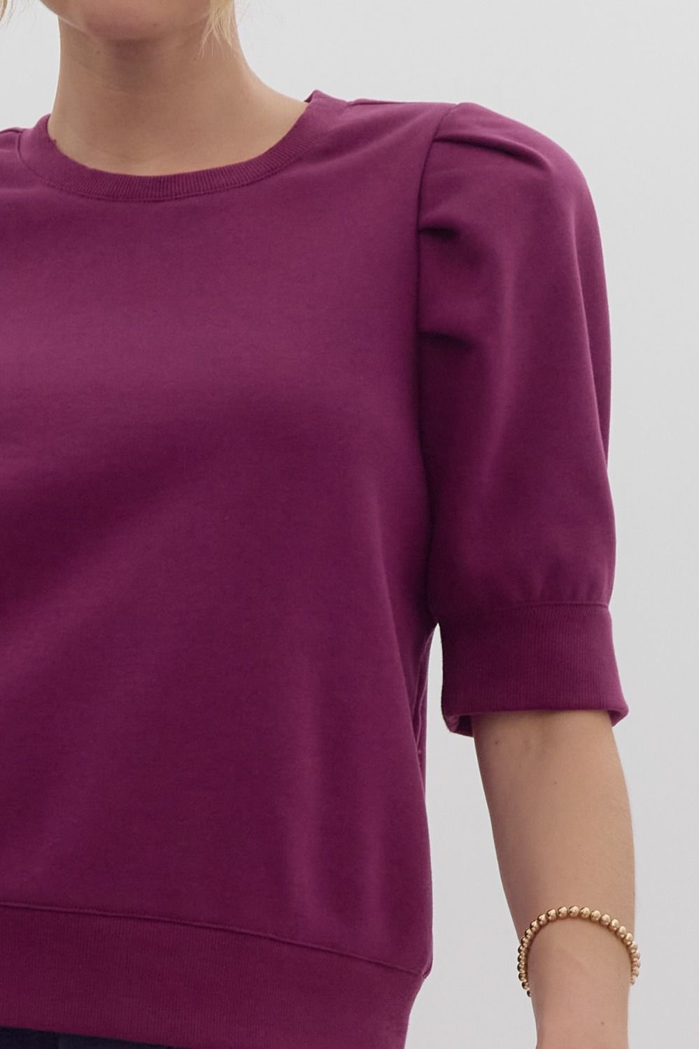 Solid Short Sleeve Round Neck Top w/ Puff Sleeves