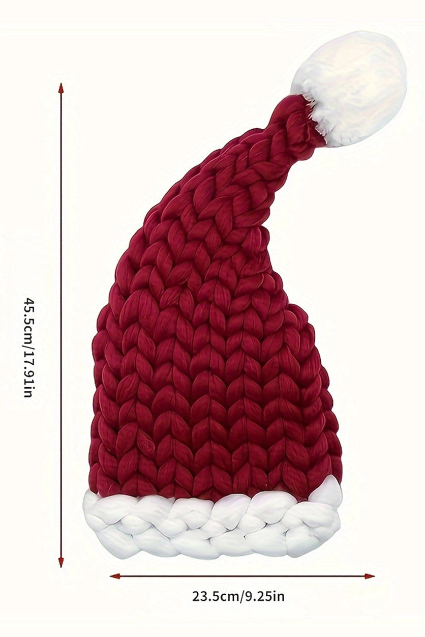 Red Dahlia Block Pom Pom Decor Chunky Knitted Santa Hat
