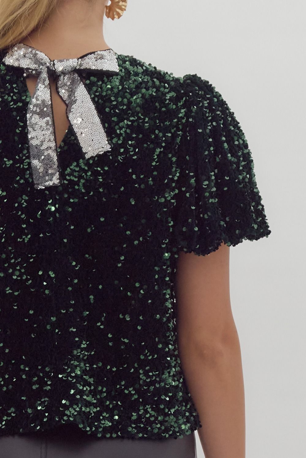Sequin embellishments short bubble sleeve top w/ sequin bow closure at back