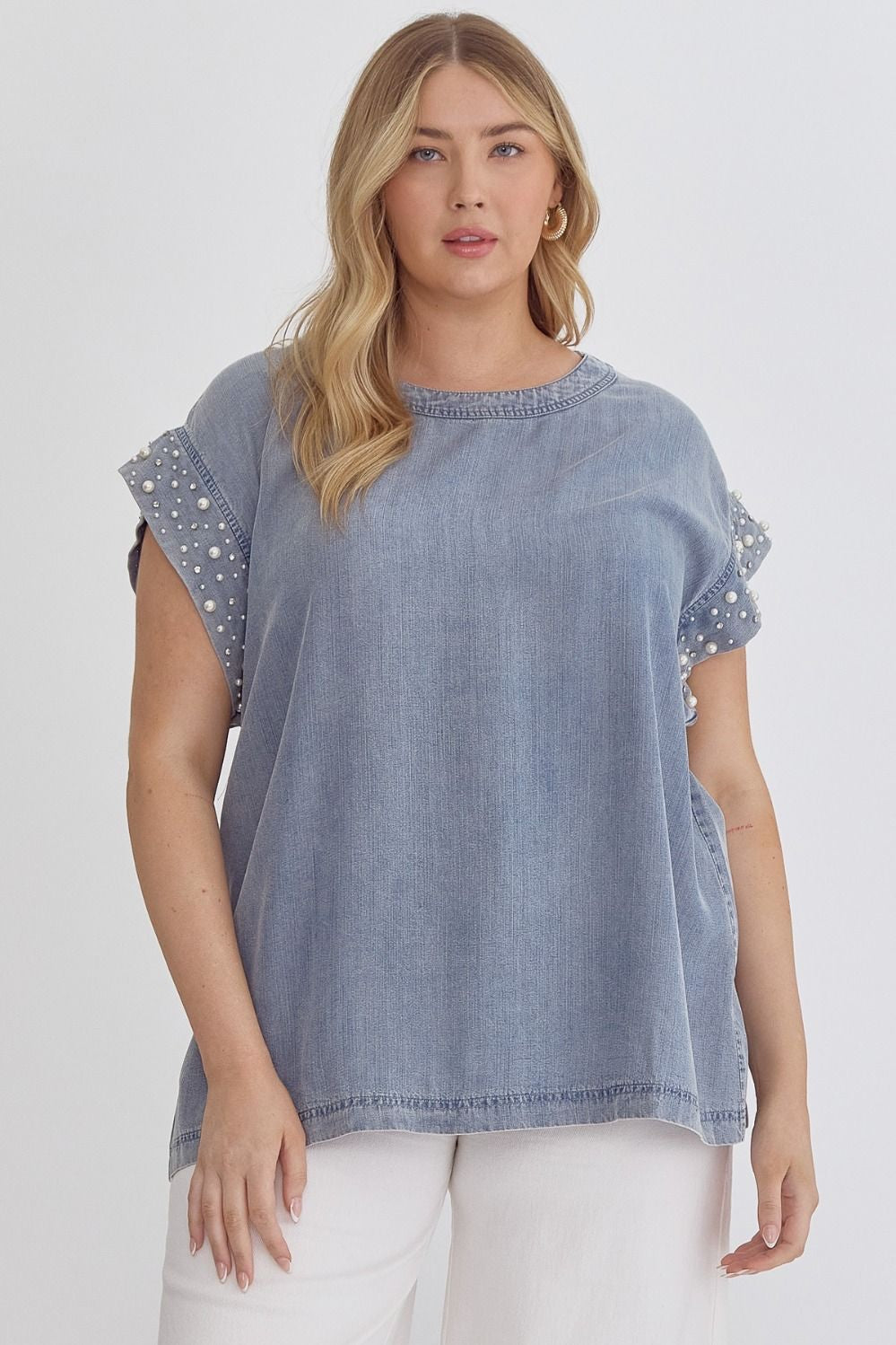 Denim Round Neck Short Sleeve Top w/ Pearl Detail at Cuff