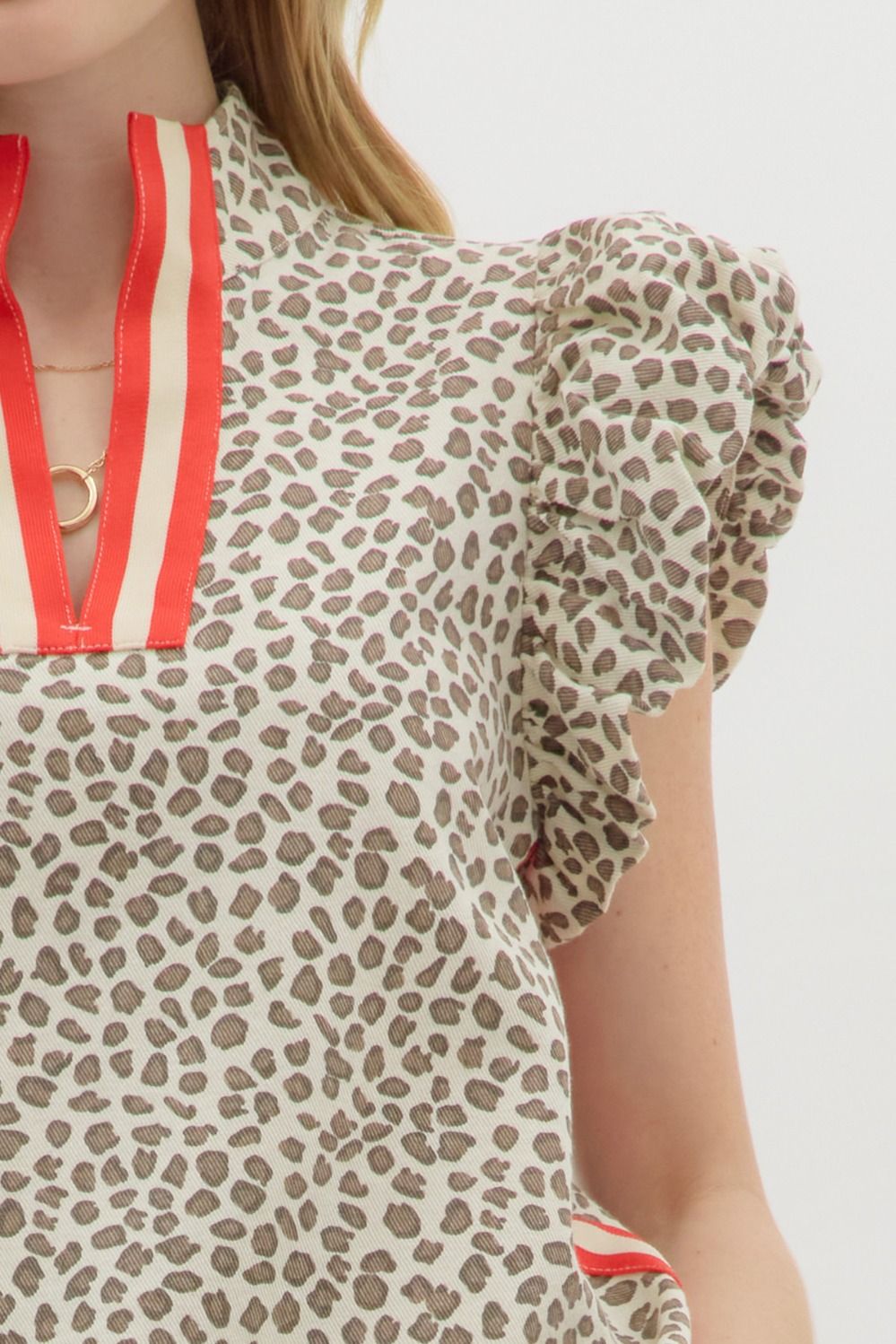 Leopard print bubble flutter sleeve pullover top w/ multicolor slit neck high band collar & side