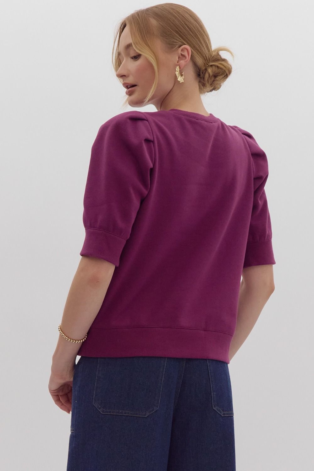 Solid Short Sleeve Round Neck Top w/ Puff Sleeves
