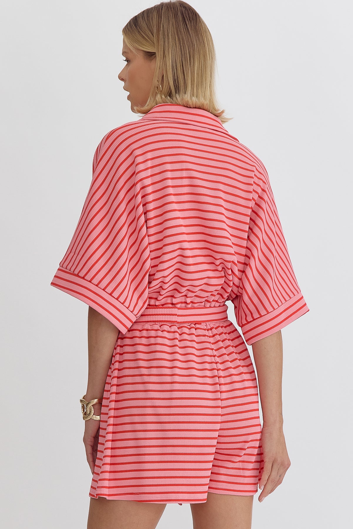 Textured Stripe Print Button Down Collared Half Sleeve Romper