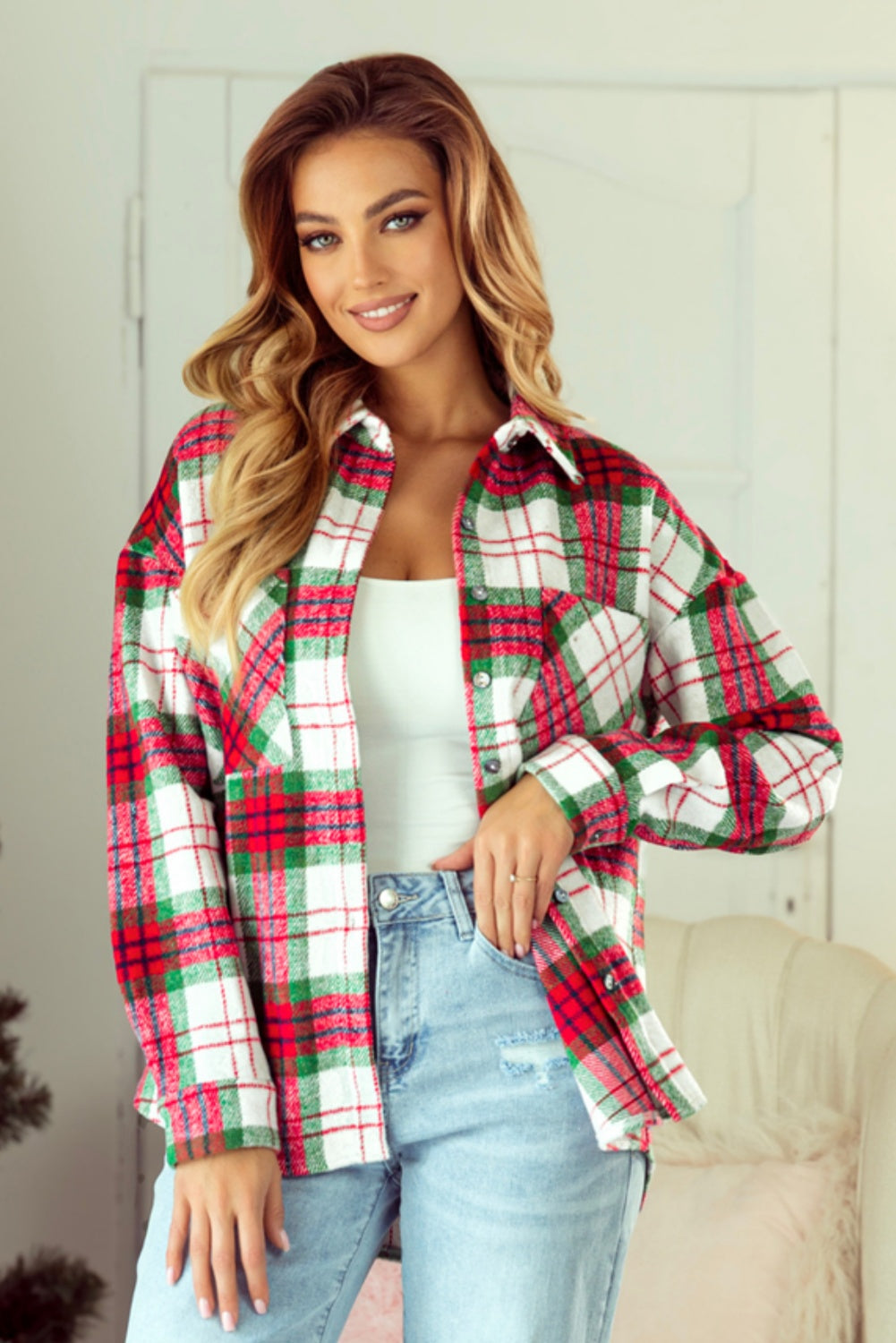 Christmas Plaid Casual Flannel Button Up Shacket