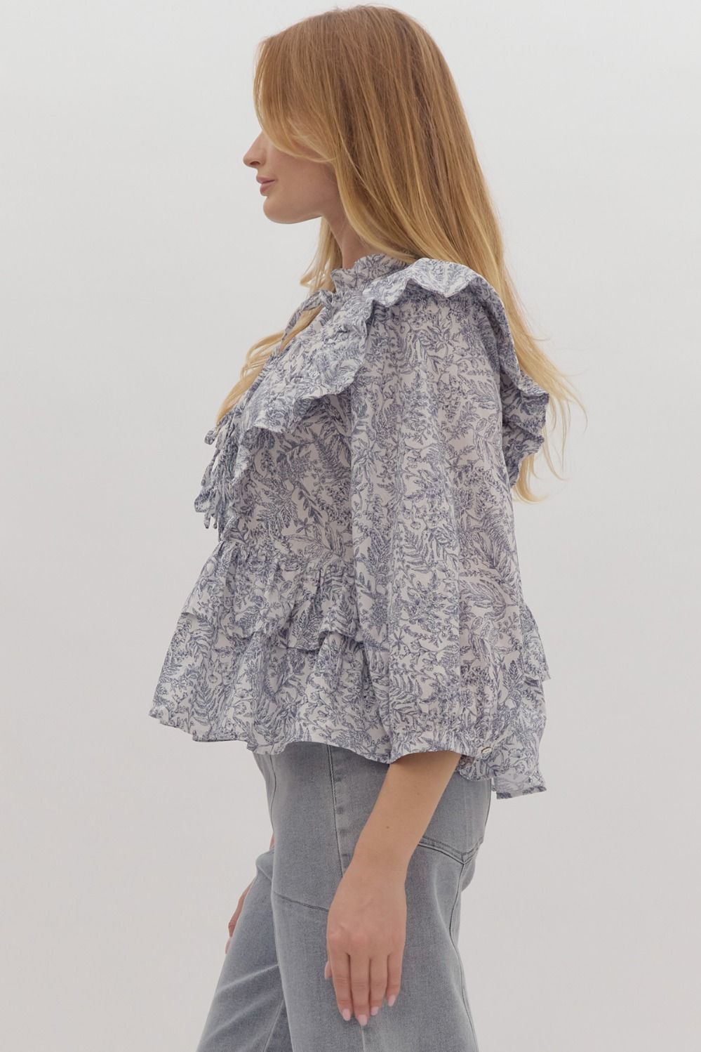 Botanical Print Relaxed Fit Peplum Top w/ Scallop Finished Ruffle Detail