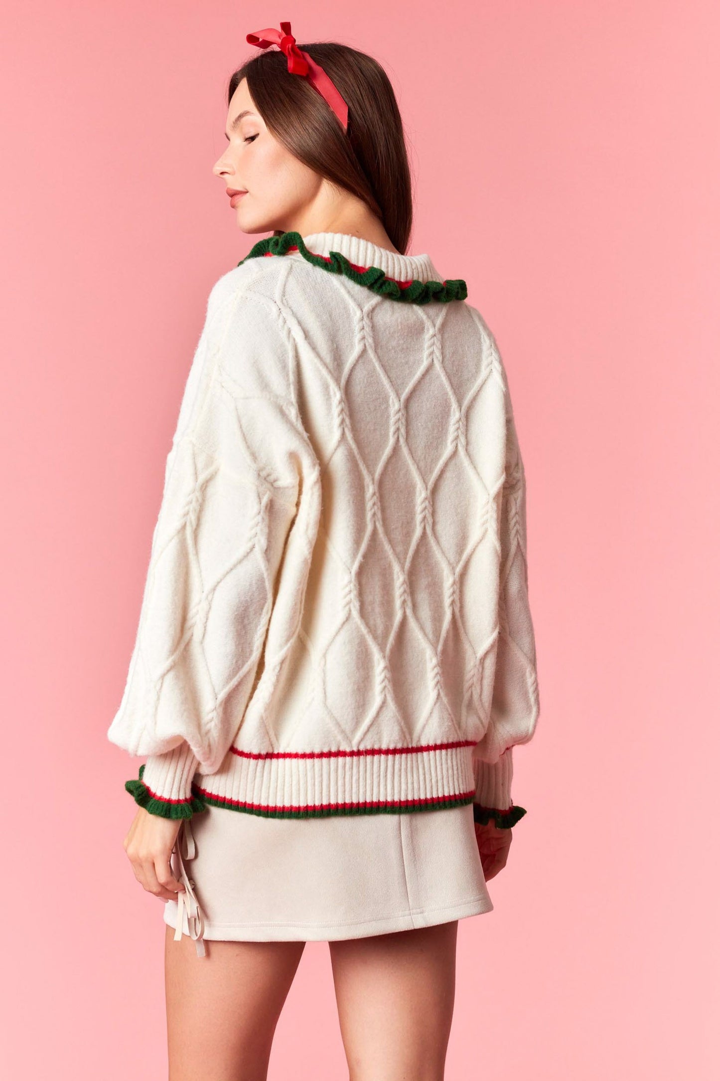 Ruffle Detail Collar Cable Knit Cardigan