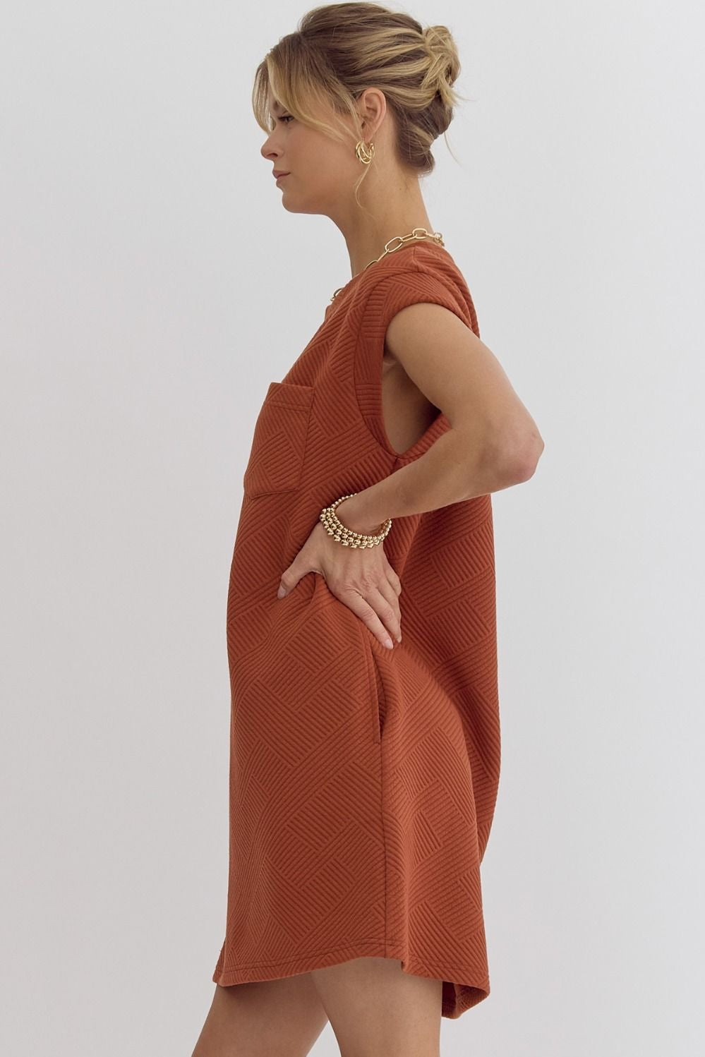 Textured Round Neck Sleeveless Mini Dress w/ Pocketsg