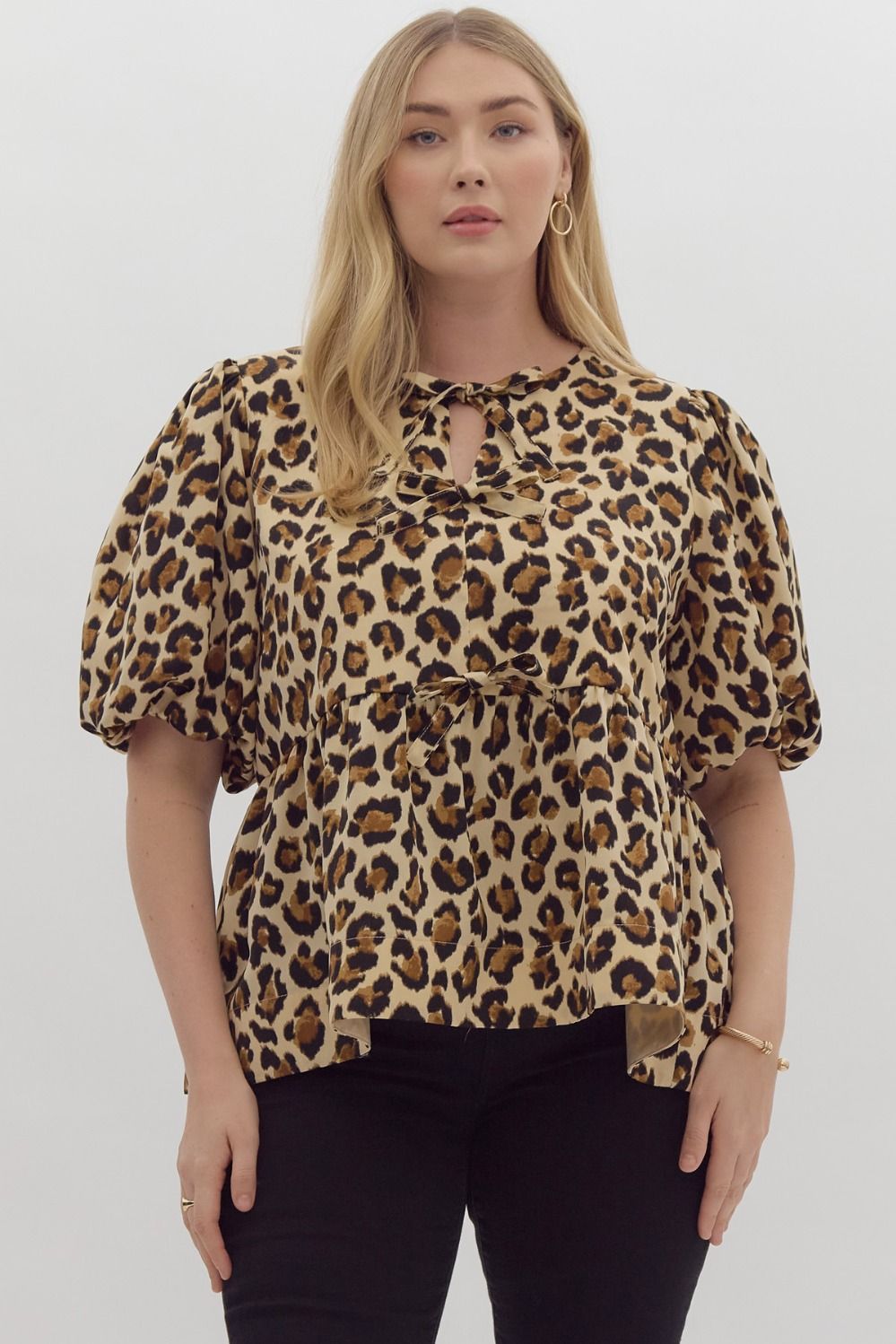 Leopard Print Bubble Sleeve Peplum Top w/ Bow Detail