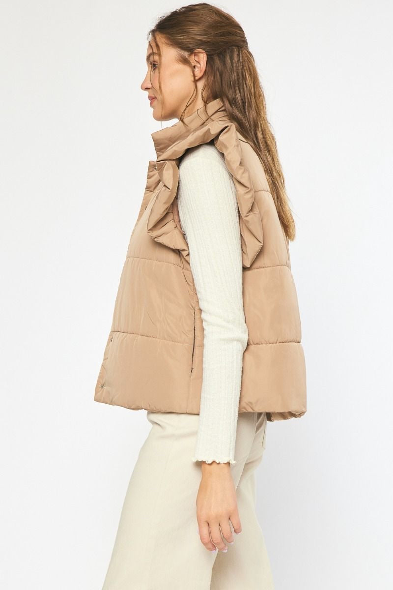 Solid Quilted Collared Button Up Vest w/ Quilted Ruffle at Shoulders w/ Pockets