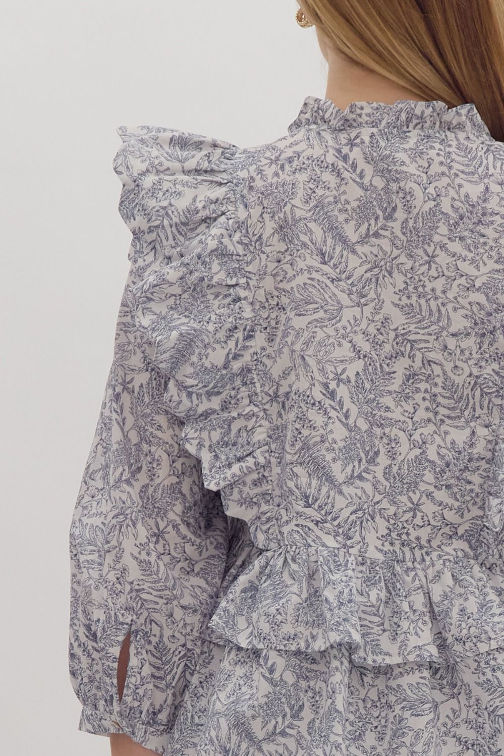 Botanical Print Relaxed Fit Peplum Top w/ Scallop Finished Ruffle Detail