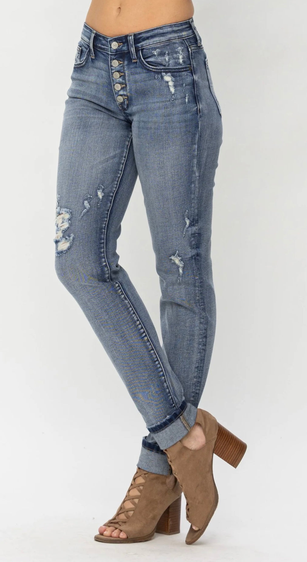 Judy Blue Mid Rise Button Fly Contrast Wash & Cuff Options BF