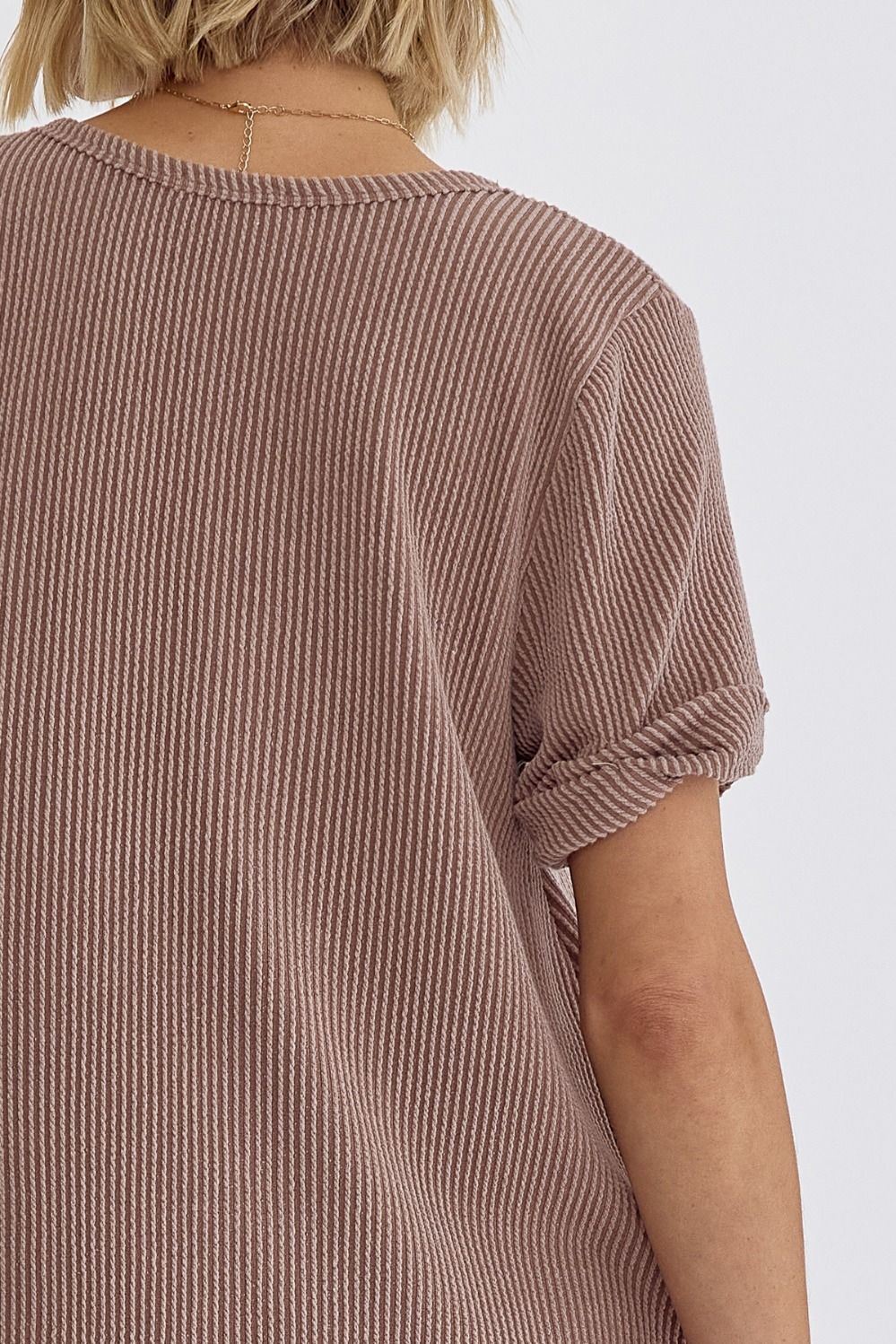 V Neck Short Sleeve Top w/ Rolled Sleeve Hem