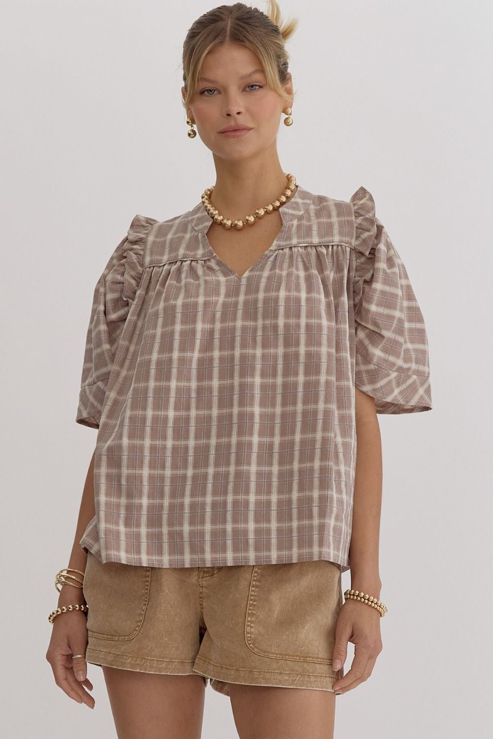 Plaid Print V Neck Puff Sleeve Top w/ Ruffle Trim