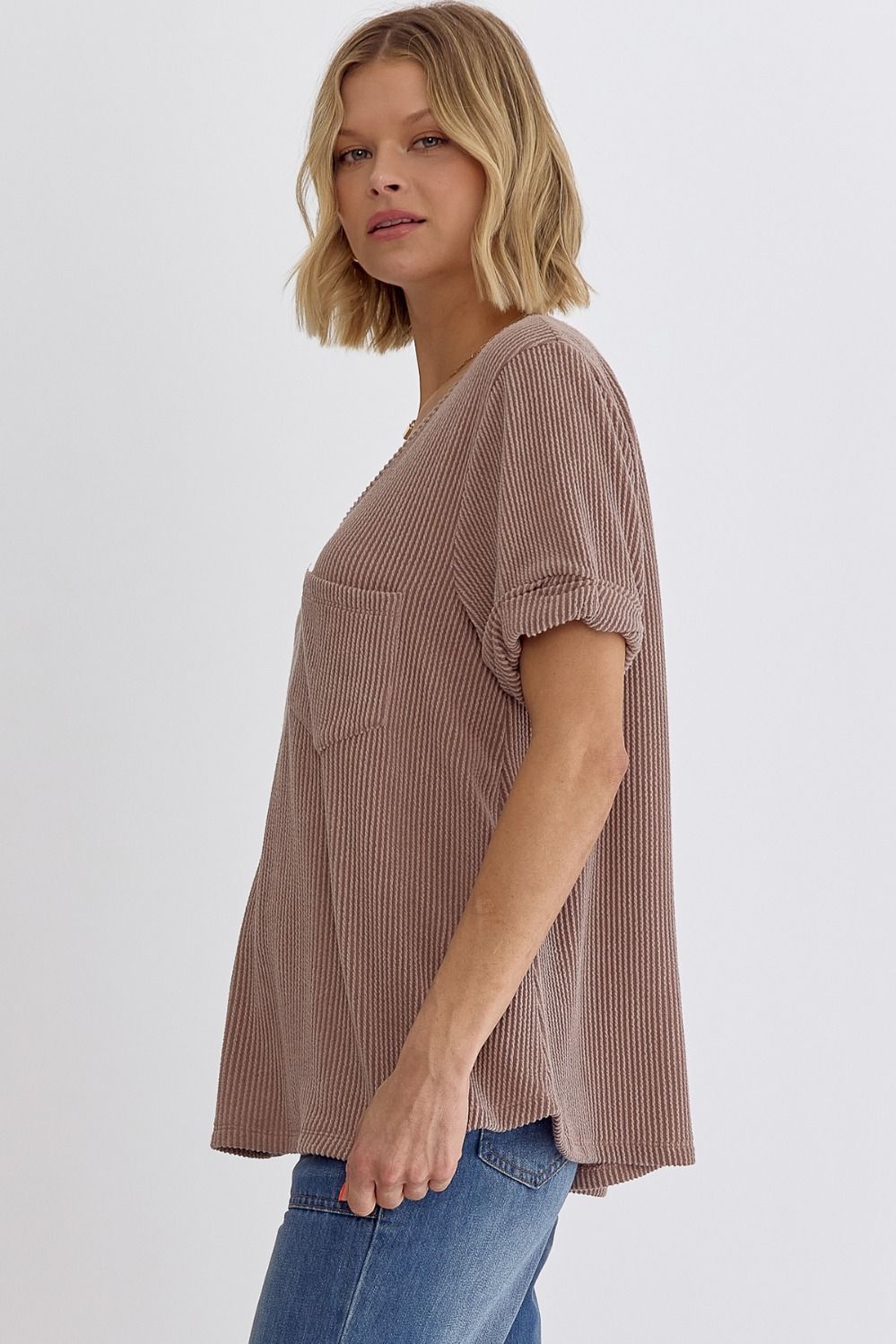 V Neck Short Sleeve Top w/ Rolled Sleeve Hem