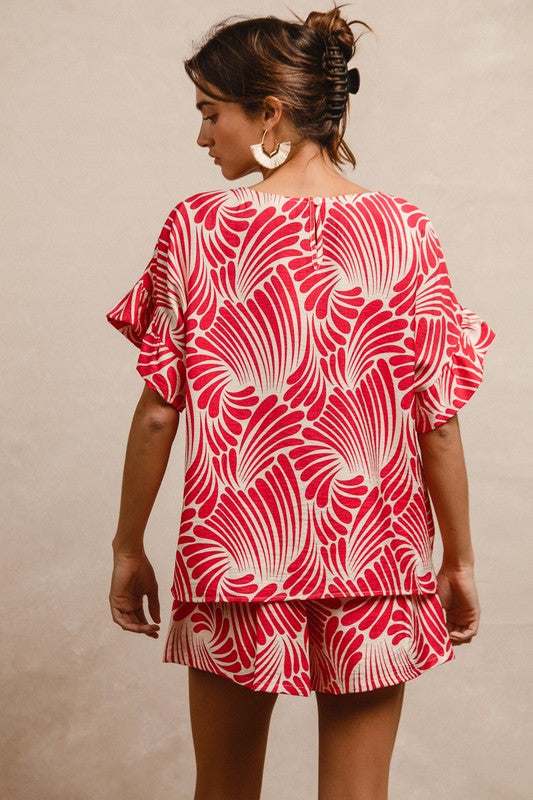 Print Woven Ruffled Sleeve Top