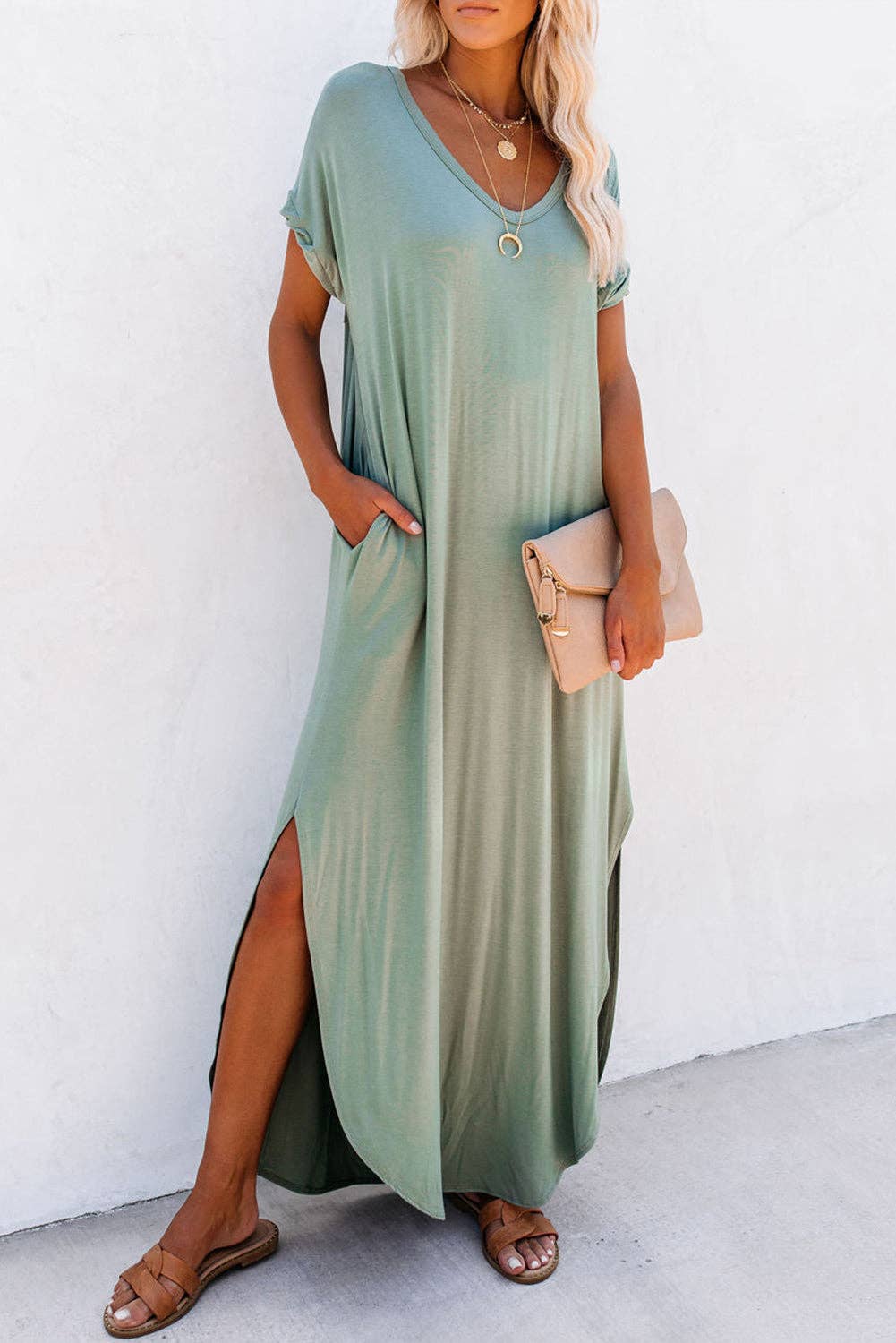 V neck hidden pocket splits maxi t-shirt dress