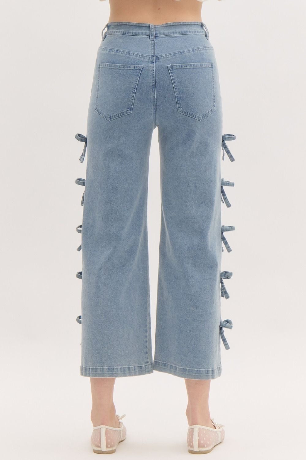 Cropped Mid Rise Denim Jeans w/ Mini Bows at Side