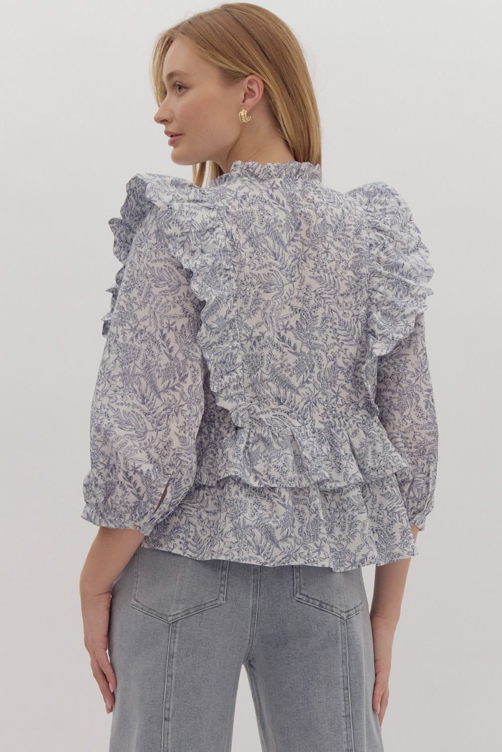 Botanical Print Relaxed Fit Peplum Top w/ Scallop Finished Ruffle Detail
