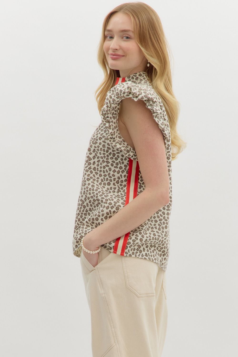 Leopard print bubble flutter sleeve pullover top w/ multicolor slit neck high band collar & side