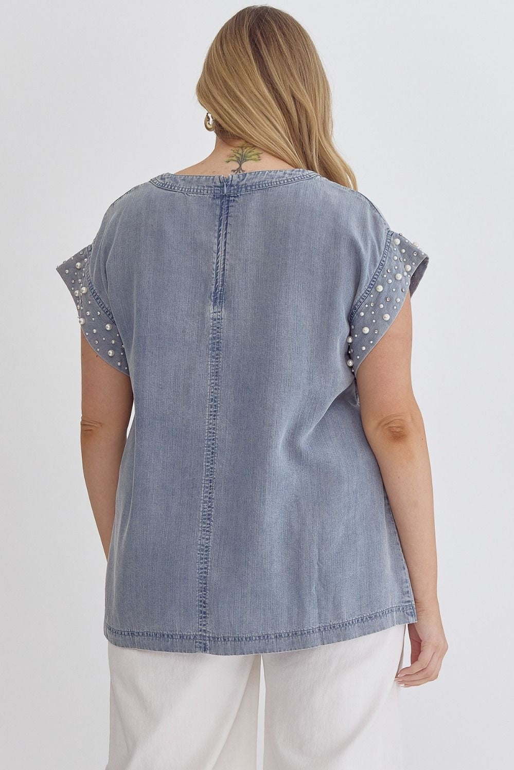 Denim Round Neck Short Sleeve Top w/ Pearl Detail at Cuff