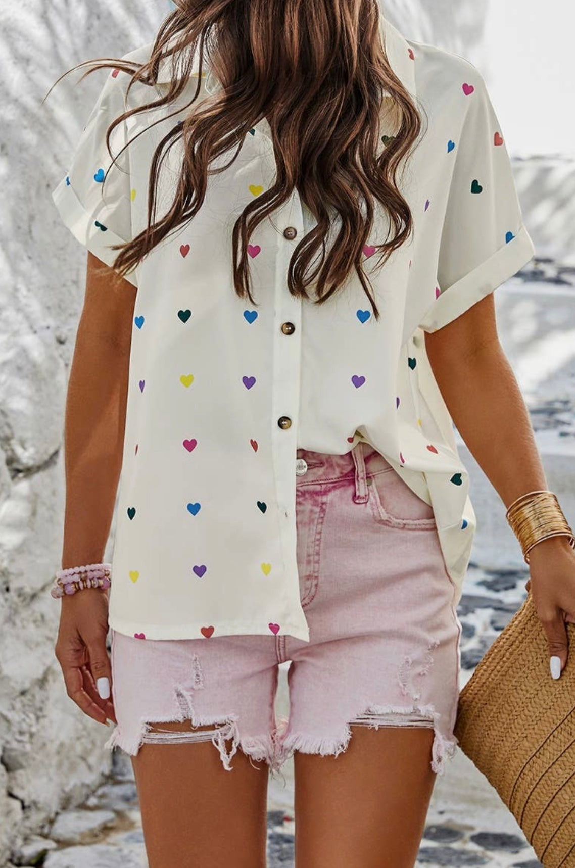 Heart Print Button Up Loose Fit Blouse