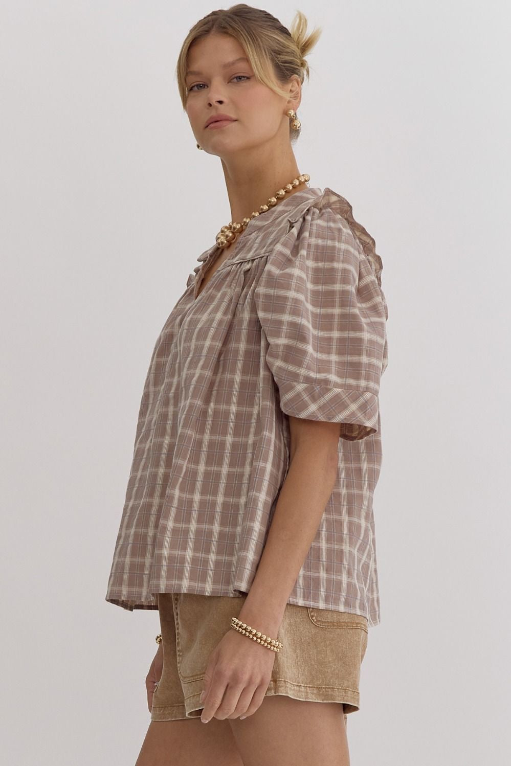 Plaid Print V Neck Puff Sleeve Top w/ Ruffle Trim