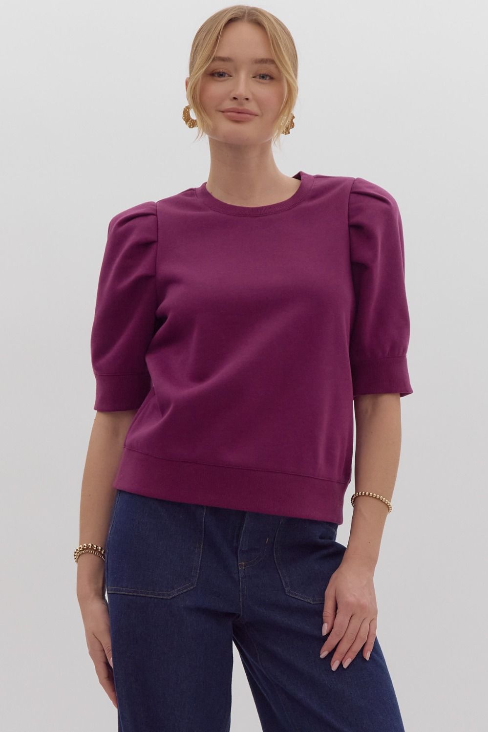 Solid Short Sleeve Round Neck Top w/ Puff Sleeves
