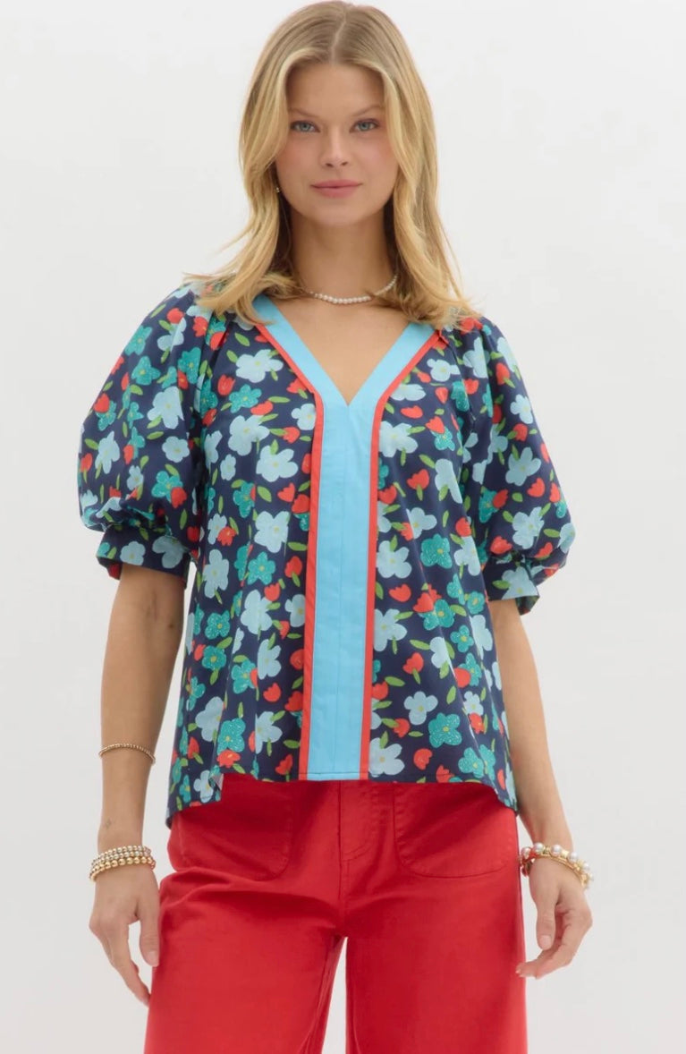 Printed navy short sleeve top