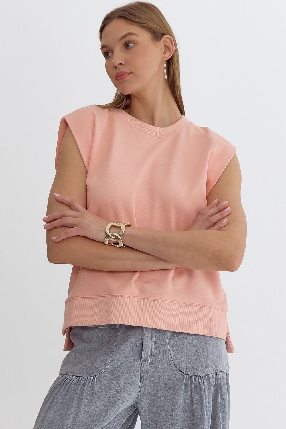 Round Neck Sleeveless Top w/ Rib Detail
