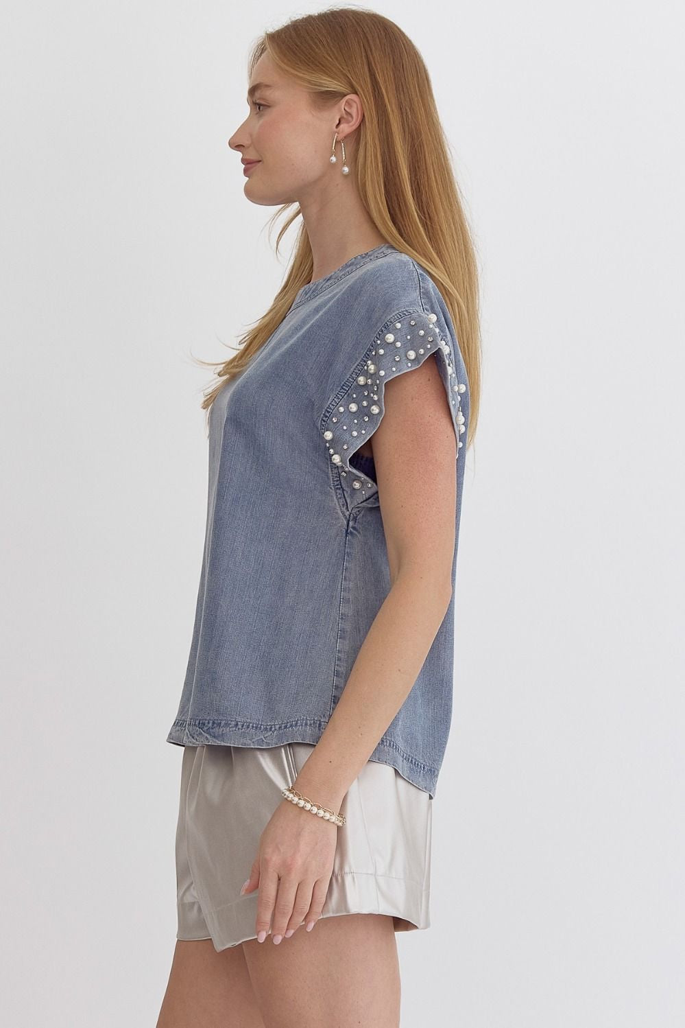 Denim Round Neck Short Sleeve Top w/ Pearl Detail at Cuff