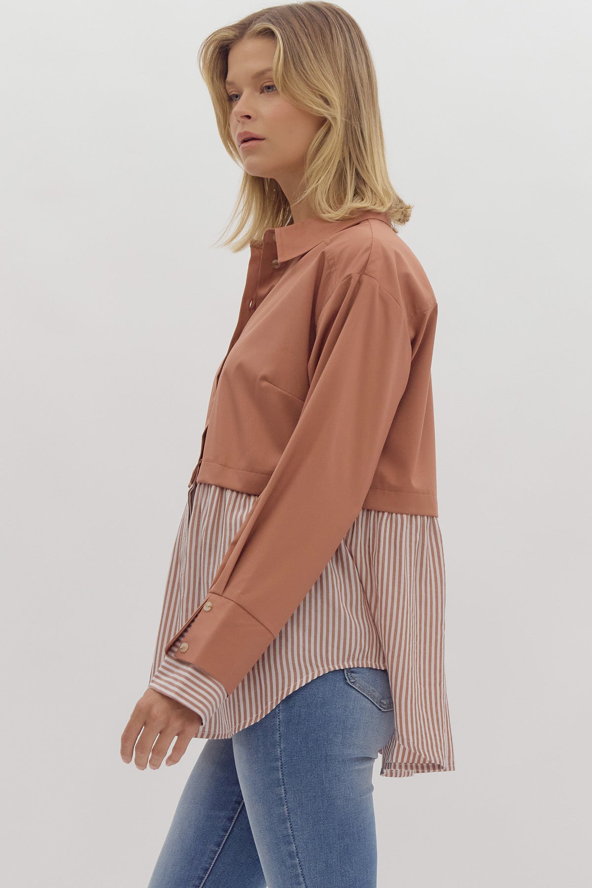 Solid & stripe twofer longsleeve collared top w/ button detail @ bust & cuff
