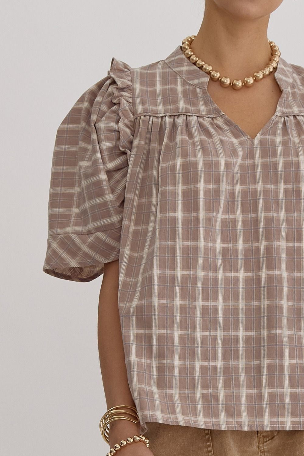Plaid Print V Neck Puff Sleeve Top w/ Ruffle Trim