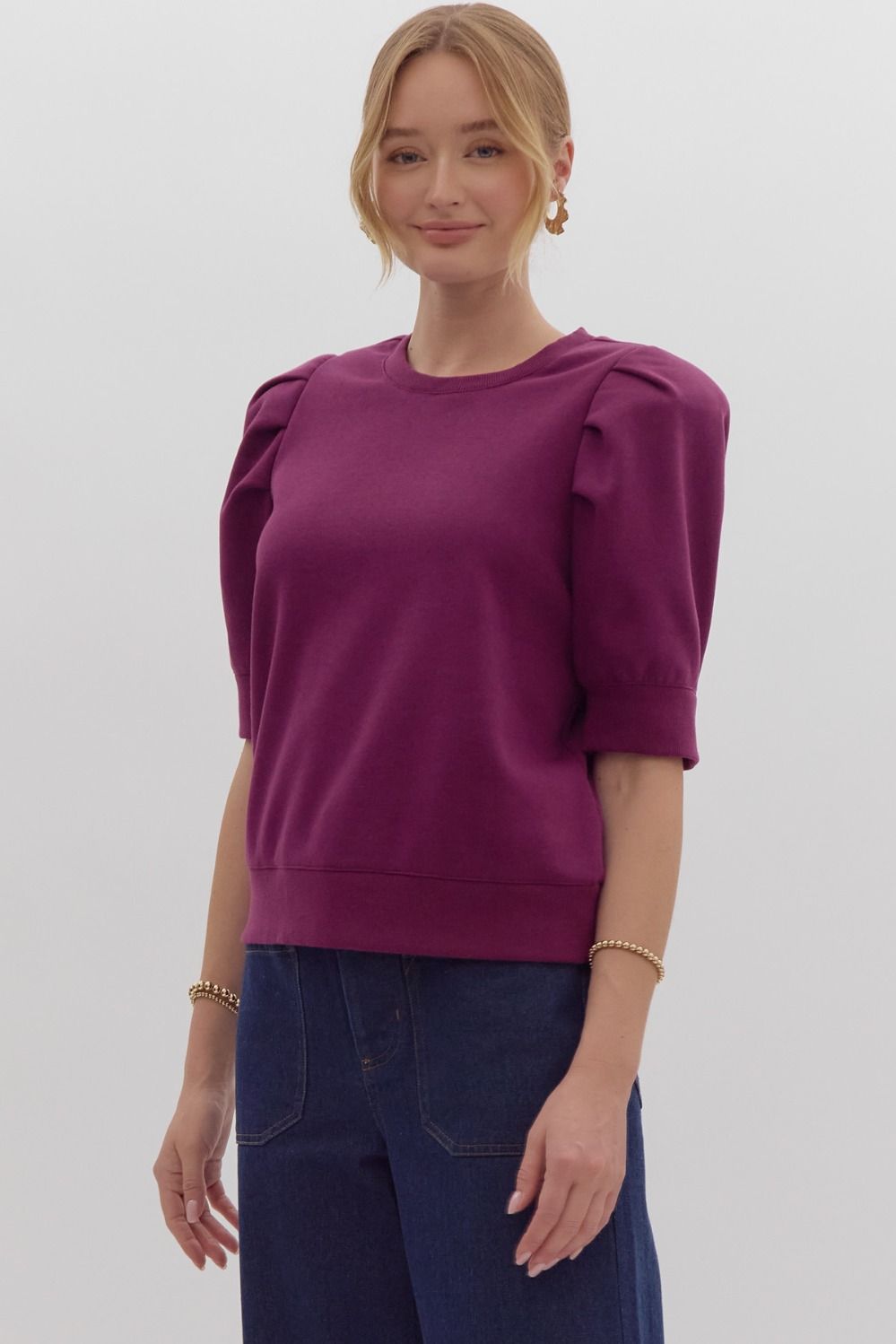 Solid Short Sleeve Round Neck Top w/ Puff Sleeves